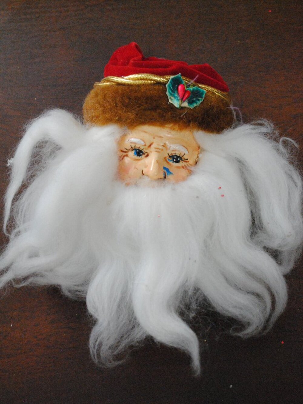 Vintage Santa Head Ornament with Holly Accent on Hat